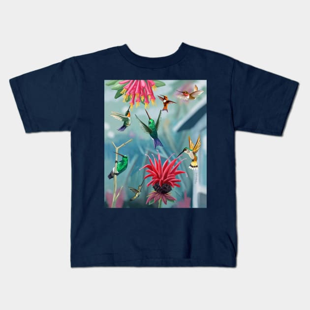 Hummingbird Feeder Frenzy Kids T-Shirt by reschasketch